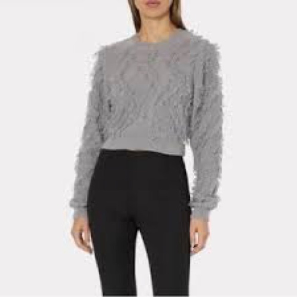 Milly Cropped Fringe Looped Gray Knit Sweater‎ Small